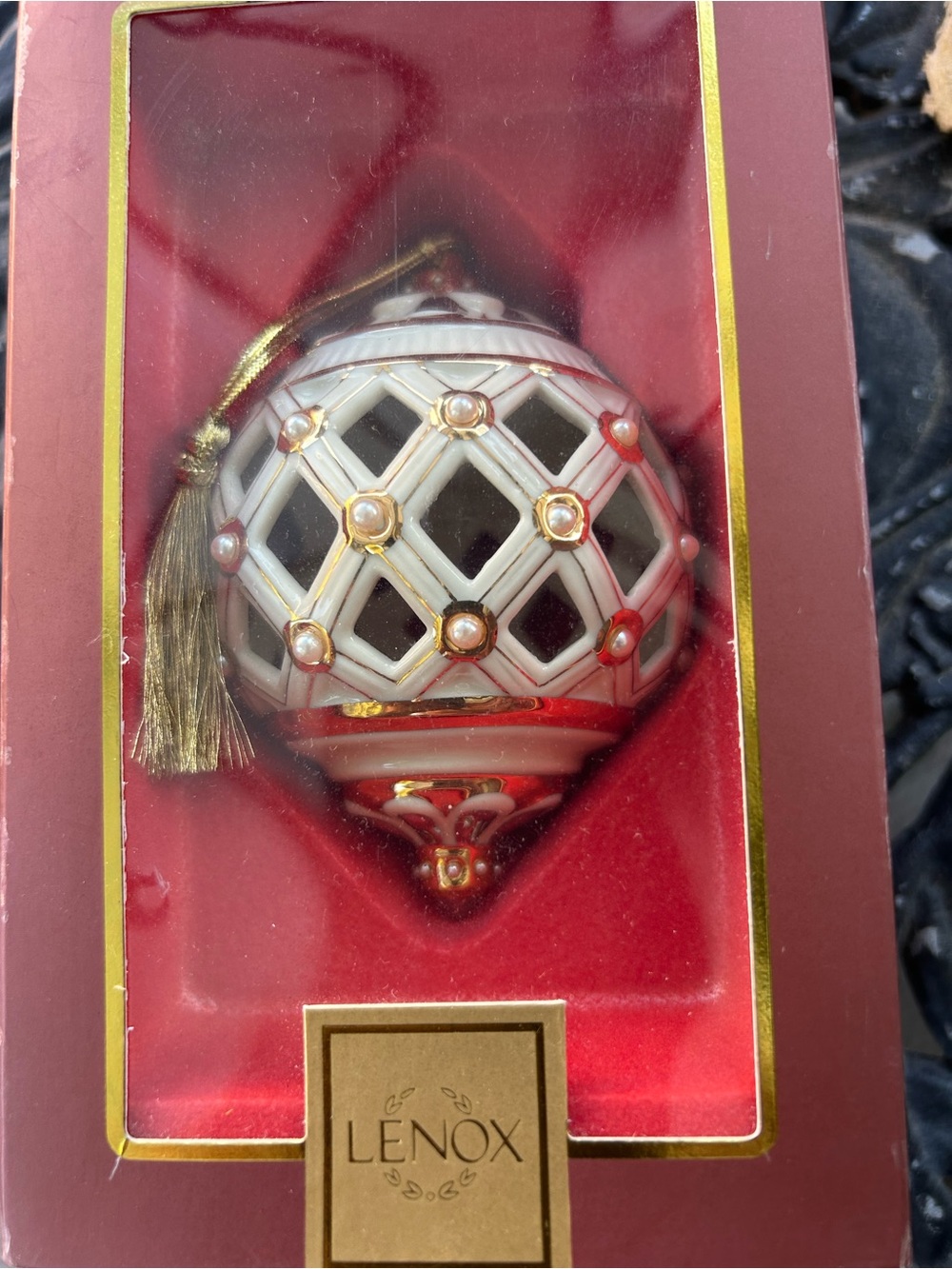 Lenox White, Gold and Red Lattice Ornament with Tassel & pearls